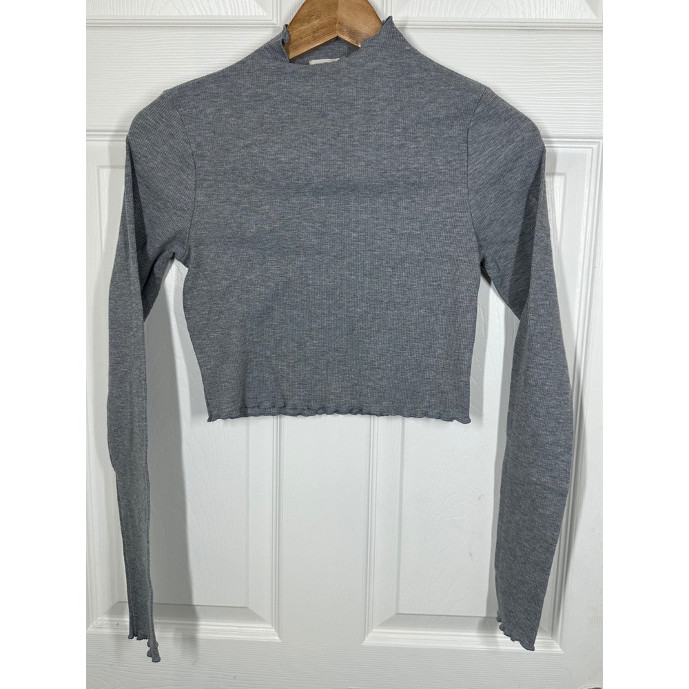 Live To Be Spoiled Top Womens S‎ Gray Mock Neck Ribbed Long Sleeve Crop Lettuce